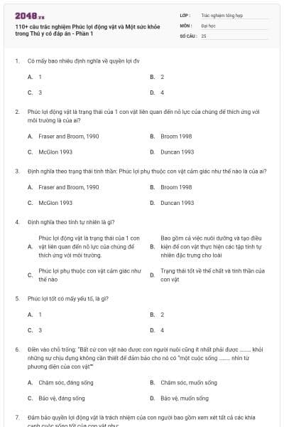 110+ câu trắc nghiệm Phúc lợi động vật và Một sức khỏe trong Thú y có đáp án - Phần 1