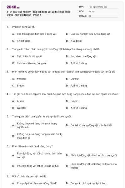 110+ câu trắc nghiệm Phúc lợi động vật và Một sức khỏe trong Thú y có đáp án - Phần 4