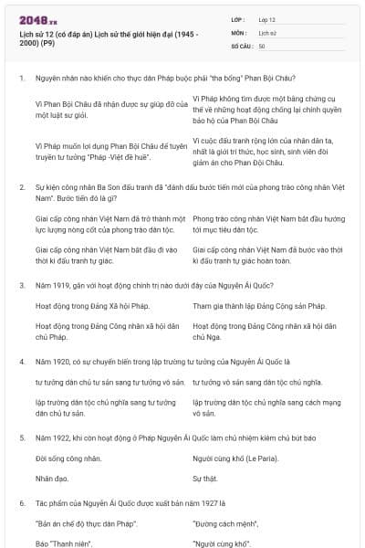 Lịch sử 12 (có đáp án) Lịch sử thế giới hiện đại (1945 - 2000) (P9)