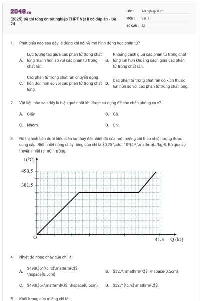 (2025) Đề thi tổng ôn tốt nghiệp THPT Vật lí có đáp án - Đề 24