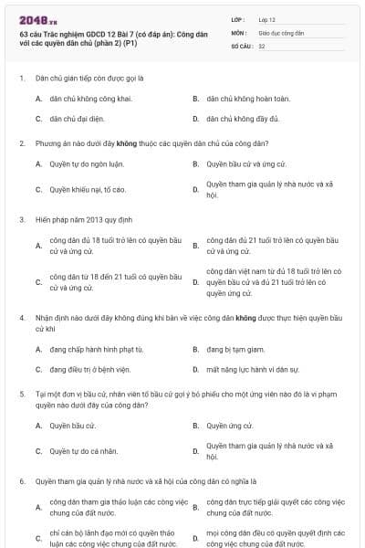 63 câu Trắc nghiệm GDCD 12 Bài 7 (có đáp án): Công dân với các quyền dân chủ (phần 2) (P1)