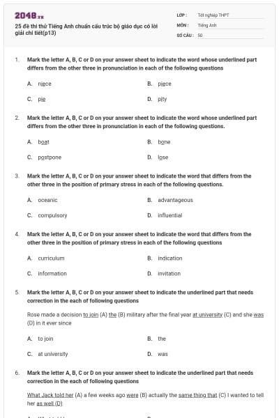 25 đề thi thử Tiếng Anh chuẩn cấu trúc bộ giáo dục có lời giải chi tiết(p13)