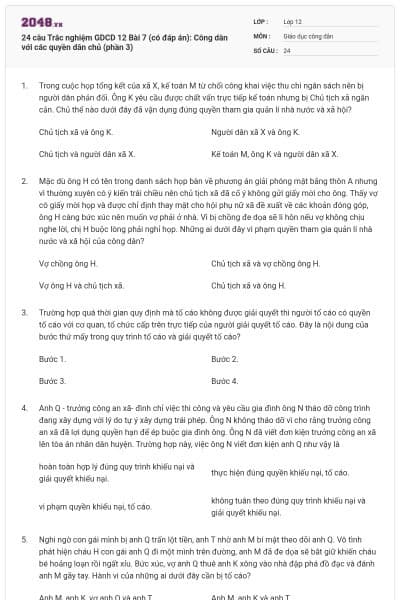 24 câu Trắc nghiệm GDCD 12 Bài 7 (có đáp án): Công dân với các quyền dân chủ (phần 3)