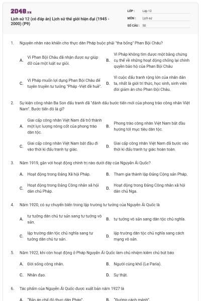 Lịch sử 12 (có đáp án) Lịch sử thế giới hiện đại (1945 - 2000) (P9)