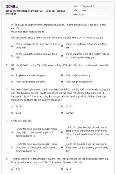 Đề thi thử tốt nghiệp THPT môn Vật lí Đông Du - Đắk Lắk có đáp án