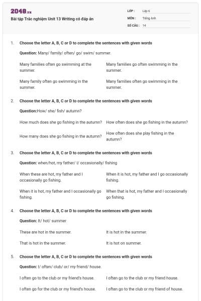 Bài tập Trắc nghiệm Unit 13 Writing có đáp án