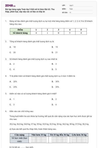 Bài tập hàng ngày Toán lớp 5 Kết nối tri thức Bài 63. Thu thập, phân loại, sắp xếp các số liệu có đáp án