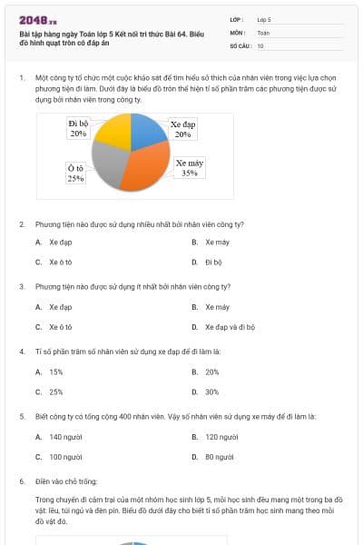 Bài tập hàng ngày Toán lớp 5 Kết nối tri thức Bài 64. Biểu đồ hình quạt tròn có đáp án