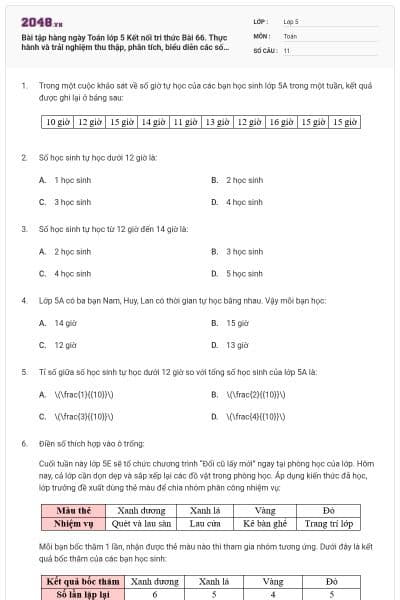 Bài tập hàng ngày Toán lớp 5 Kết nối tri thức Bài 66. Thực hành và trải nghiệm thu thập, phân tích, biểu diễn các số liệu thống kê có đáp án