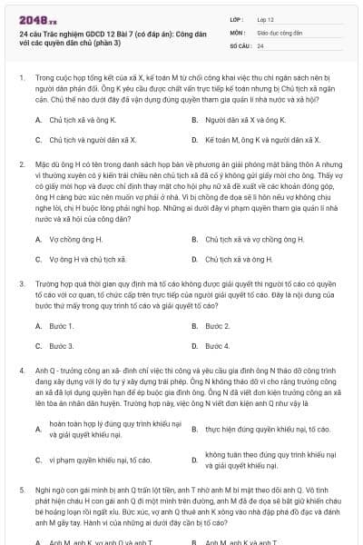 24 câu Trắc nghiệm GDCD 12 Bài 7 (có đáp án): Công dân với các quyền dân chủ (phần 3)