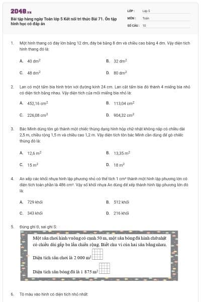Bài tập hàng ngày Toán lớp 5 Kết nối tri thức Bài 71. Ôn tập hình học có đáp án