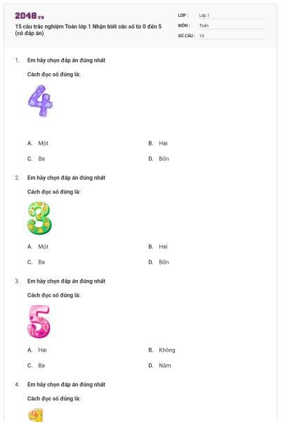 15 câu trắc nghiệm Toán lớp 1 Nhận biết các số từ 0 đến 5 (có đáp án)