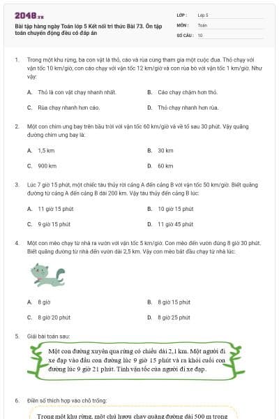 Bài tập hàng ngày Toán lớp 5 Kết nối tri thức Bài 73. Ôn tập toán chuyển động đều có đáp án