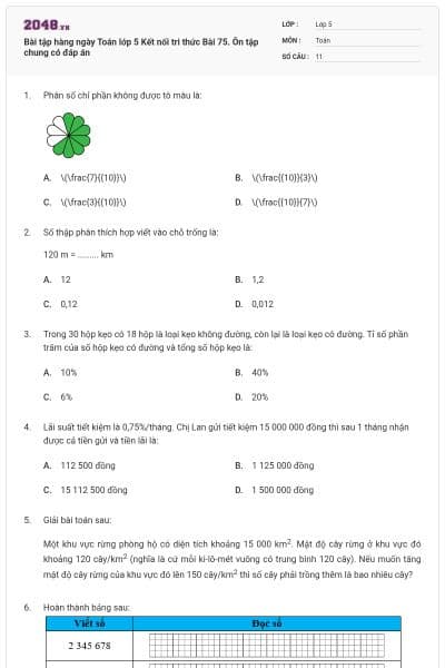 Bài tập hàng ngày Toán lớp 5 Kết nối tri thức Bài 75. Ôn tập chung có đáp án