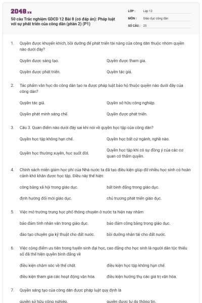 50 câu Trắc nghiệm GDCD 12 Bài 8 (có đáp án): Pháp luật với sự phát triển của công dân (phần 2) (P1)