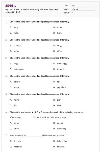 Bộ 3 đề thi KSCL đầu năm môn Tiếng Anh lớp 8 năm 2025 có đáp án - Đề 1