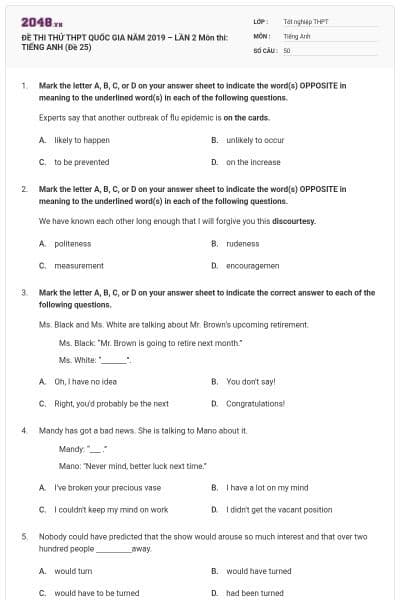 ĐỀ THI THỬ THPT QUỐC GIA NĂM 2019 – LẦN 2 Môn thi: TIẾNG ANH (Đề 25)
