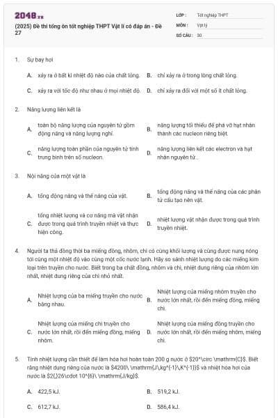 (2025) Đề thi tổng ôn tốt nghiệp THPT Vật lí có đáp án - Đề 27