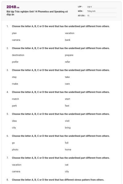 Bài tập Trắc nghiệm Unit 14 Phonetics and Speaking có đáp án