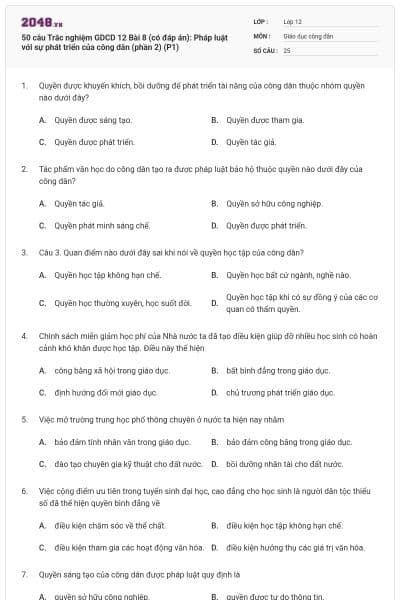 50 câu Trắc nghiệm GDCD 12 Bài 8 (có đáp án): Pháp luật với sự phát triển của công dân (phần 2) (P1)