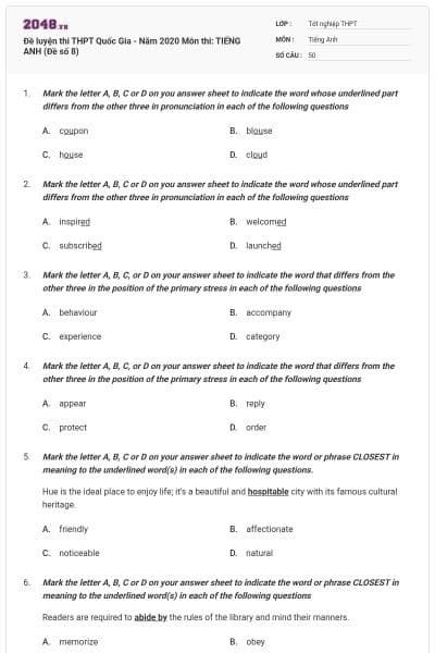 Đề luyện thi THPT Quốc Gia - Năm 2020 Môn thi: TIẾNG ANH (Đề số 8)