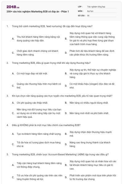 200+ câu trắc nghiệm Marketing B2B có đáp án - Phần 1