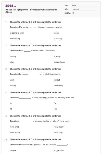 Bài tập Trắc nghiệm Unit 14 Vocabulary and Grammar có đáp án