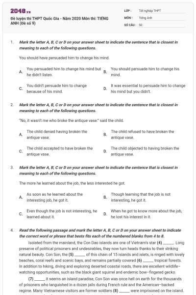 Đề luyện thi THPT Quốc Gia - Năm 2020 Môn thi: TIẾNG ANH (Đề số 9)