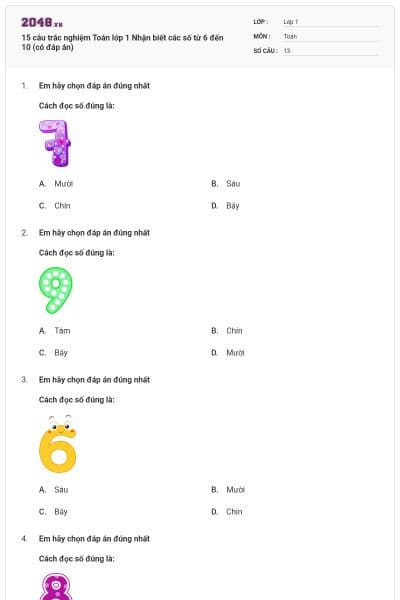 15 câu trắc nghiệm Toán lớp 1 Nhận biết các số từ 6 đến 10 (có đáp án)