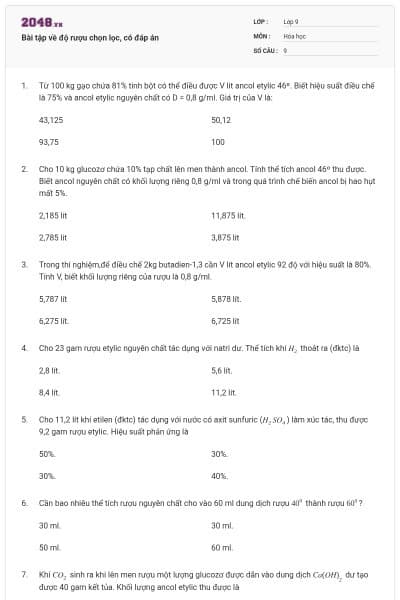 Bài tập về độ rượu chọn lọc, có đáp án