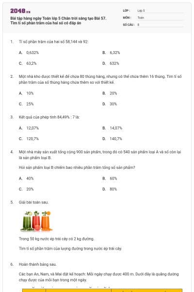 Bài tập hàng ngày Toán lớp 5 Chân trời sáng tạo Bài 57. Tìm tỉ số phần trăm của hai số có đáp án