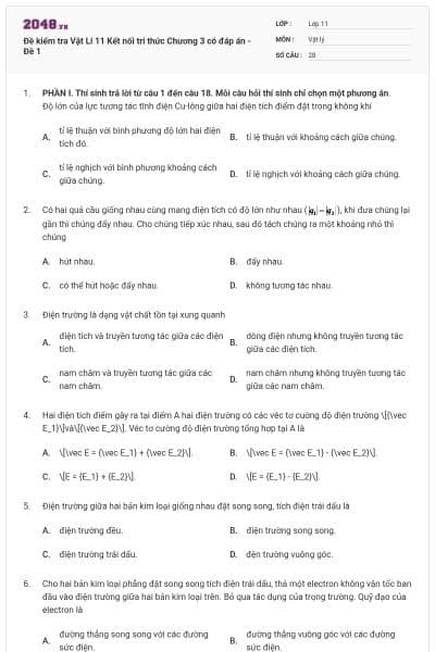 Đề kiểm tra Vật Lí 11 Kết nối tri thức Chương 3 có đáp án - Đề 1