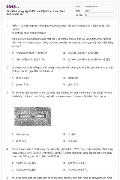 Đề thi thử tốt nghiệp THPT môn Vật lí Trực Ninh - Nam Định có đáp án