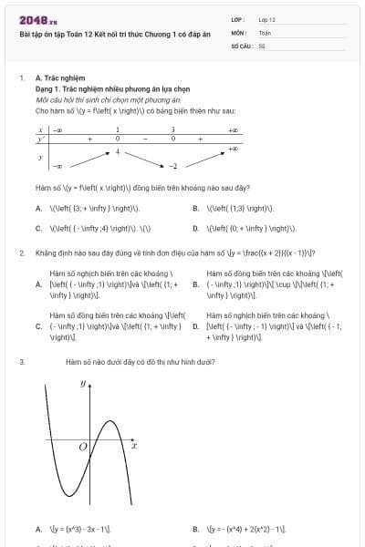 Bài tập ôn tập Toán 12 Kết nối tri thức Chương 1 có đáp án