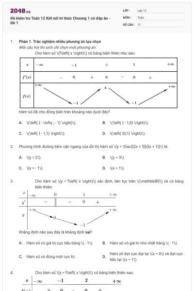 Đề kiểm tra Toán 12 Kết nối tri thức Chương 1 có đáp án  - Đề 1