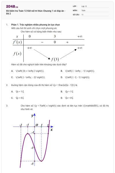 Đề kiểm tra Toán 12 Kết nối tri thức Chương 1 có đáp án  - Đề 2