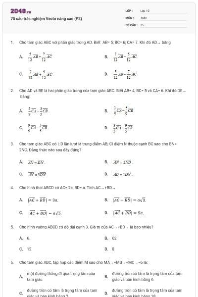 75 câu trắc nghiệm Vectơ nâng cao (P2)