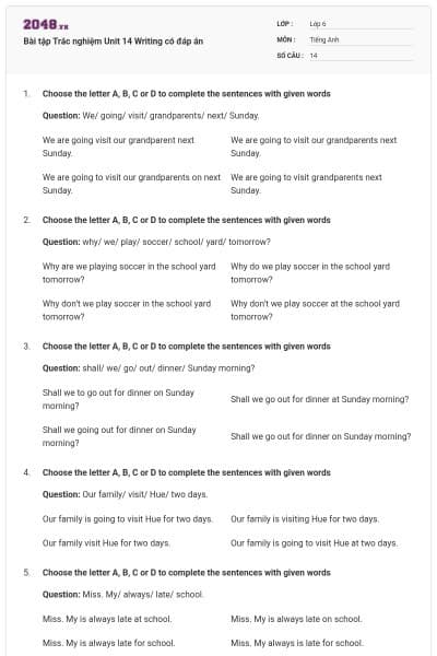 Bài tập Trắc nghiệm Unit 14 Writing có đáp án