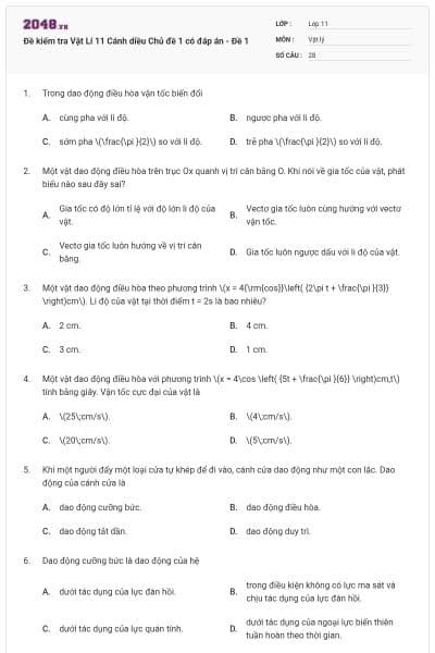 Đề kiểm tra Vật Lí 11 Cánh diều Chủ đề 1 có đáp án - Đề 1