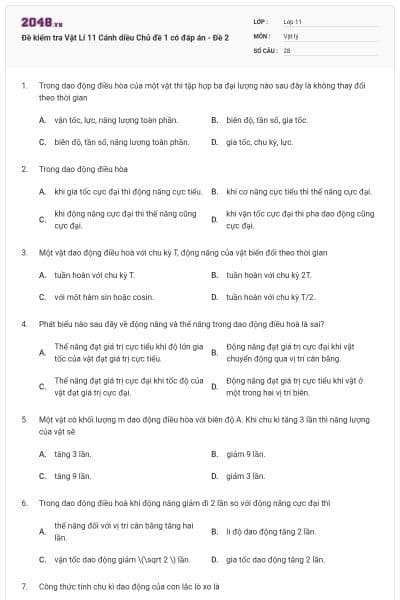 Đề kiểm tra Vật Lí 11 Cánh diều Chủ đề 1 có đáp án - Đề 2