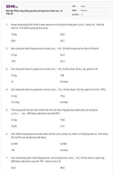 Bài tập Phản ứng tráng gương của glucozơ chọn lọc, có đáp án