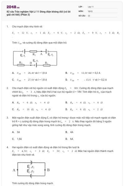 82 câu Trắc nghiệm Vật Lí 11 Dòng điện không đổi (có lời giải chi tiết) (Phần 3)