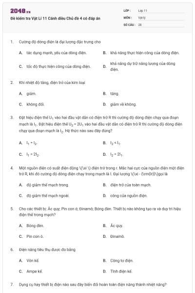 Đề kiểm tra Vật Lí 11 Cánh diều Chủ đề 4 có đáp án