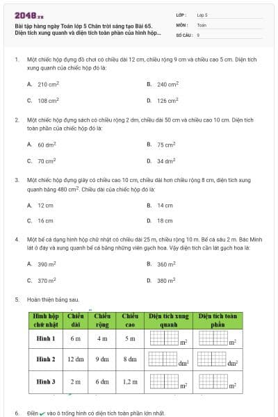 Bài tập hàng ngày Toán lớp 5 Chân trời sáng tạo Bài 65. Diện tích xung quanh và diện tích toàn phần của hình hộp chữ nhật có đáp án