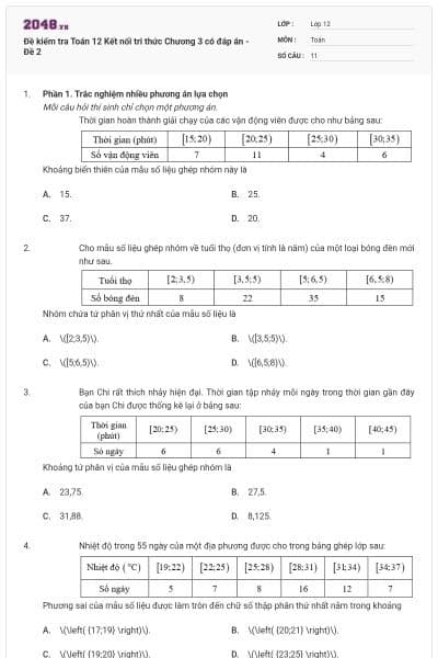 Đề kiểm tra Toán 12 Kết nối tri thức Chương 3 có đáp án - Đề 2