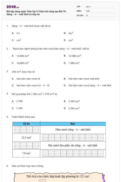 Bài tập hàng ngày Toán lớp 5 Chân trời sáng tạo Bài 70. Xăng – ti – mét khối có đáp án