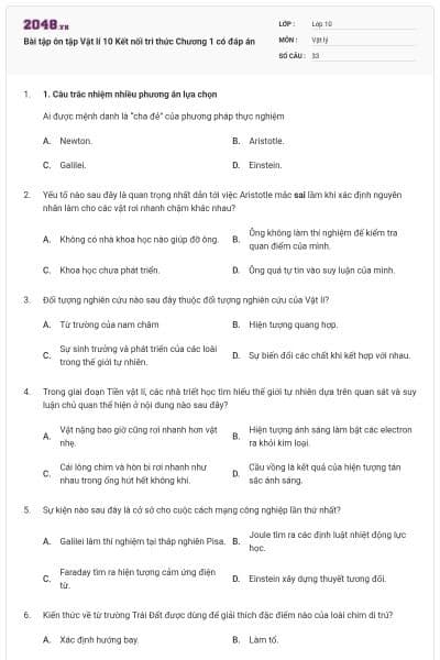 Bài tập ôn tập Vật lí 10 Kết nối tri thức Chương 1 có đáp án