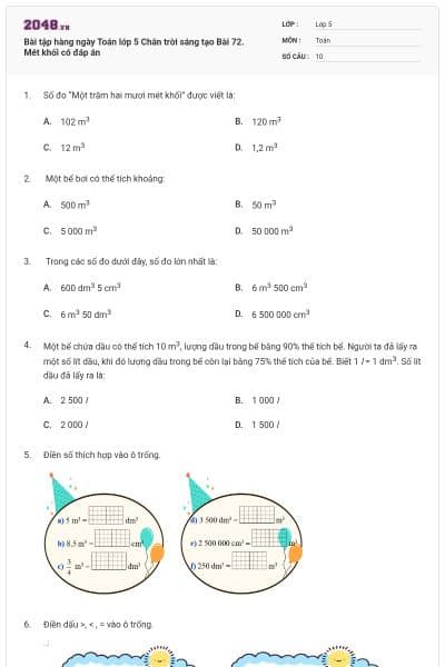 Bài tập hàng ngày Toán lớp 5 Chân trời sáng tạo Bài 72. Mét khối có đáp án