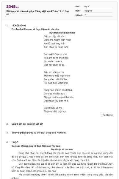 Bài tập phát triển năng lực Tiếng Việt lớp 4 Tuần 19 có đáp án