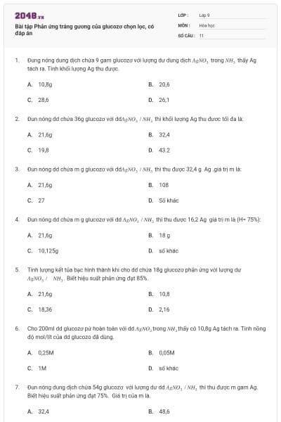 Bài tập Phản ứng tráng gương của glucozơ chọn lọc, có đáp án